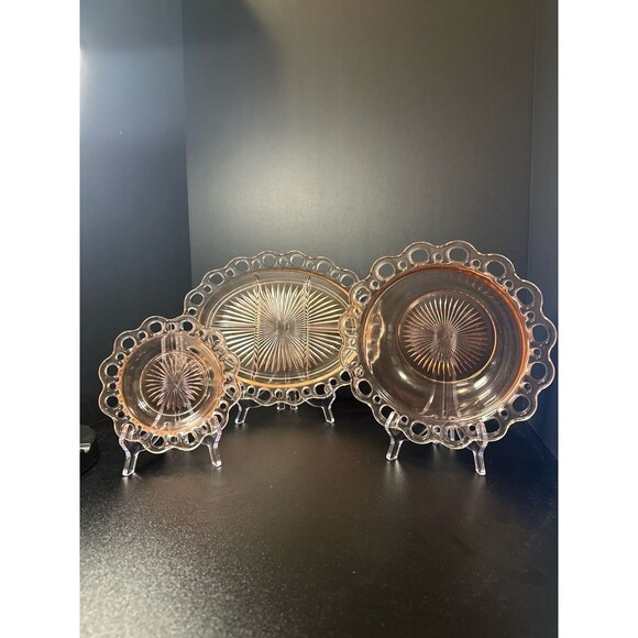 Pink Depression Glass Old Colony Lace Edge Bowl & Divided Plate Set - Picture 1 of 9
